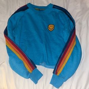 Aviator nation blue smiley face cropped crew neck